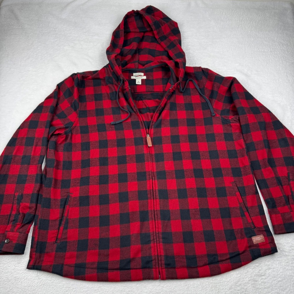 L.L.Bean Full Zip Hoodie Mens XL Red Black Buffalo Plaid Relaxed Fit Flannel